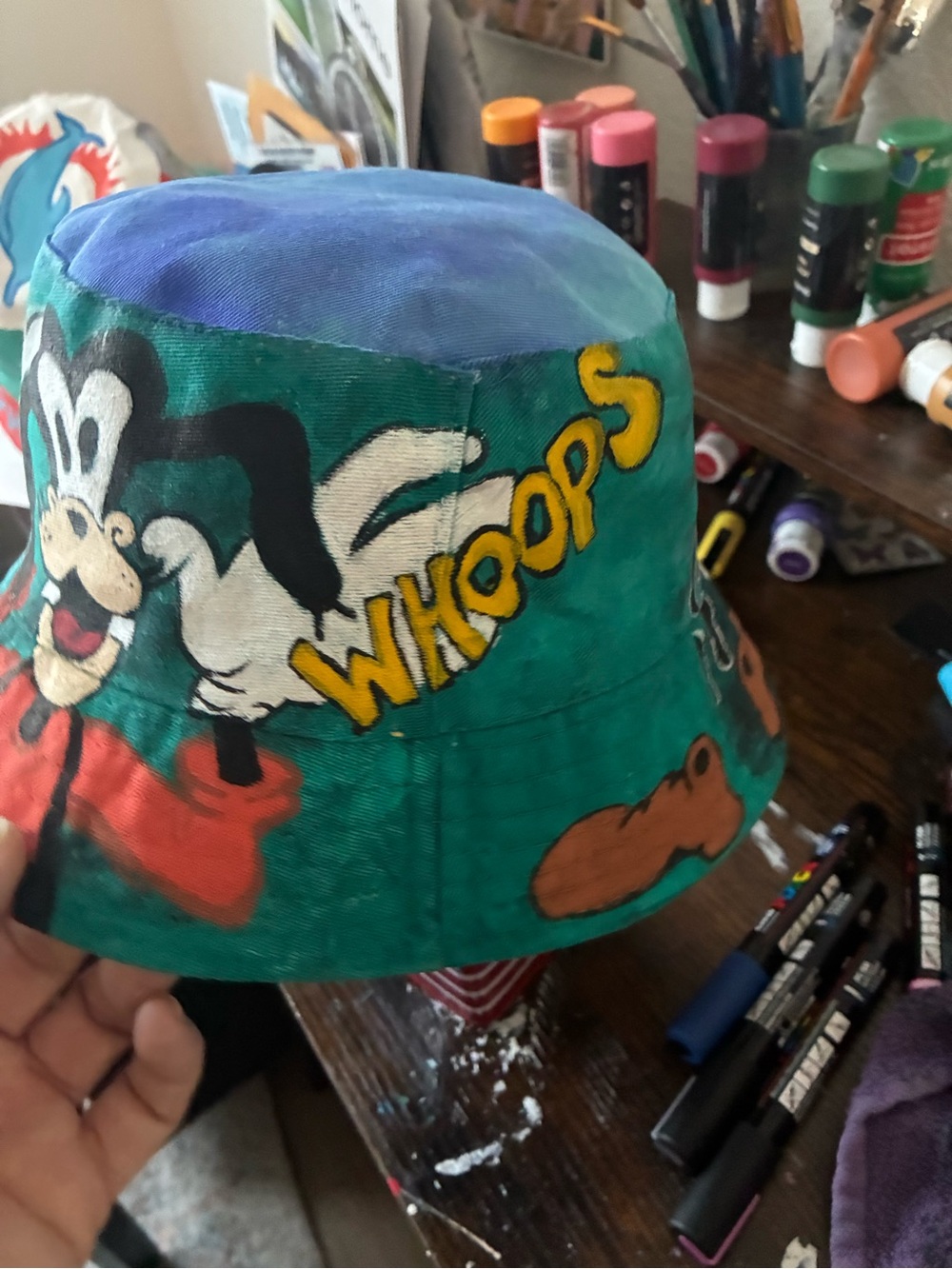mine Painted Teal & Blue Kids Bucket Hat with Yellow 'WHOOPS'
